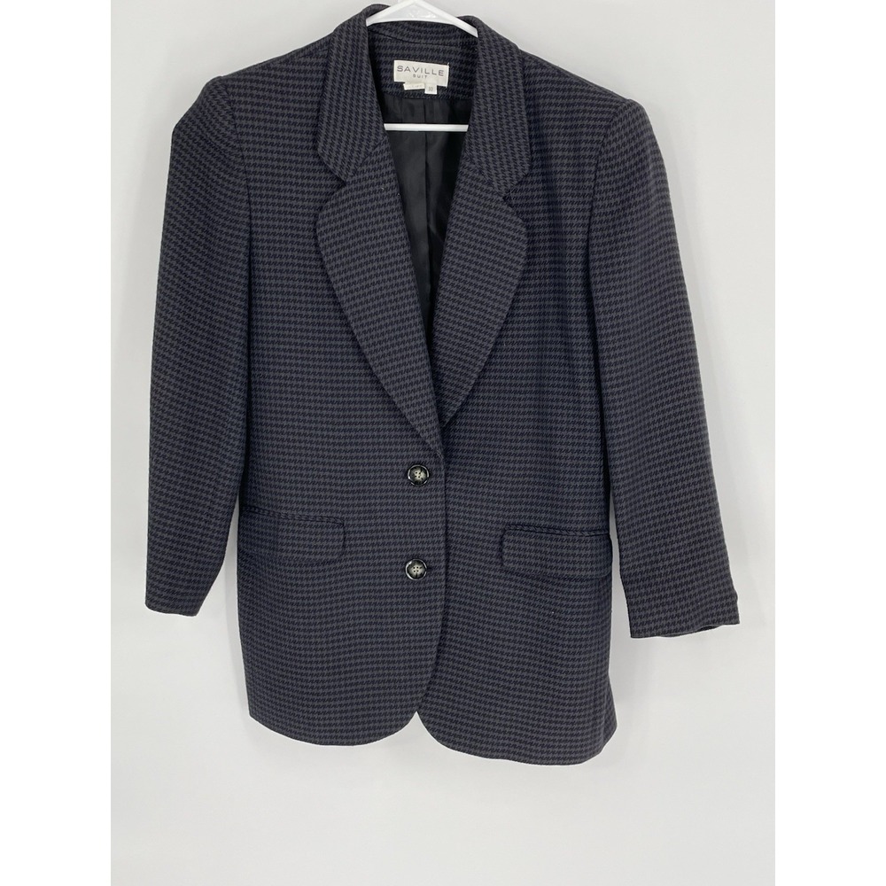 Vintage Saville Womens 10 Wool Blend Houndstooth‎ Blazer Jacket Gray Black